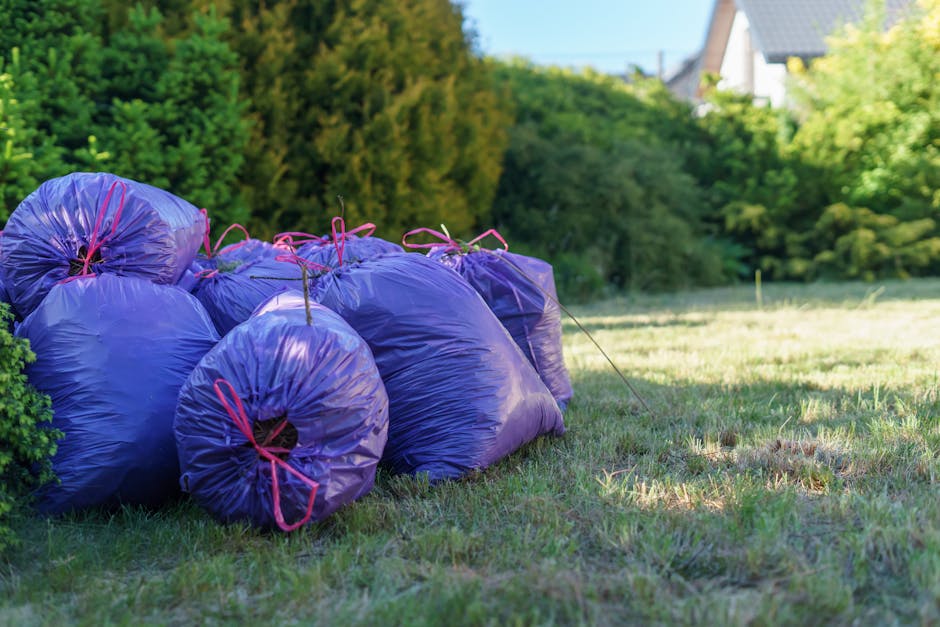 A group of purple plastic rubbish bags tightly filled and tied with pink cords, stacked on a grassy area adjacent to a garden hedge. The bags appear to contain yard waste or garden refuse, with some bags leaning against each other and others lying flat on the ground. The scene is set outdoors during daylight, with lush green foliage and trees in the background, along with a residential house partly visible on the right side. The natural lighting highlights the shiny surface of the plastic bags and the textured grass beneath them. This image illustrates a typical scene of private or alternative waste collection, where garden waste is prepared for removal, consistent with services provided by companies like House Clearance Harrow. The environment appears calm and well-maintained, emphasizing the context of garden or household rubbish disposal.